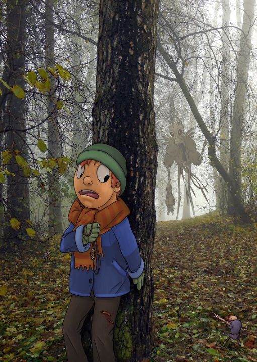 Ein Kind lehnt sich mit erschrecktem Gesichtsausdruck an einen Baumstamm im Wald. Im Hintergrund lauert indes eine gruselige Kreatur.