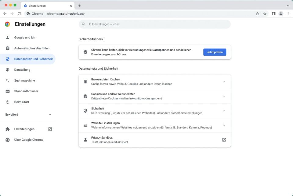 Datenschutzeinstellungen von Google Chrome