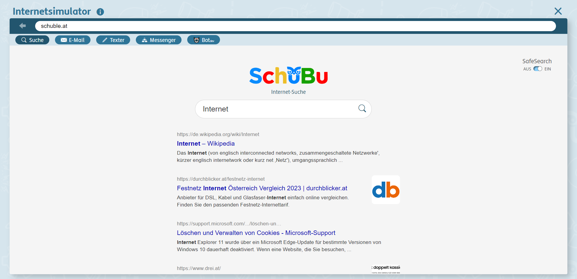 Die Suche im Internetsimulator