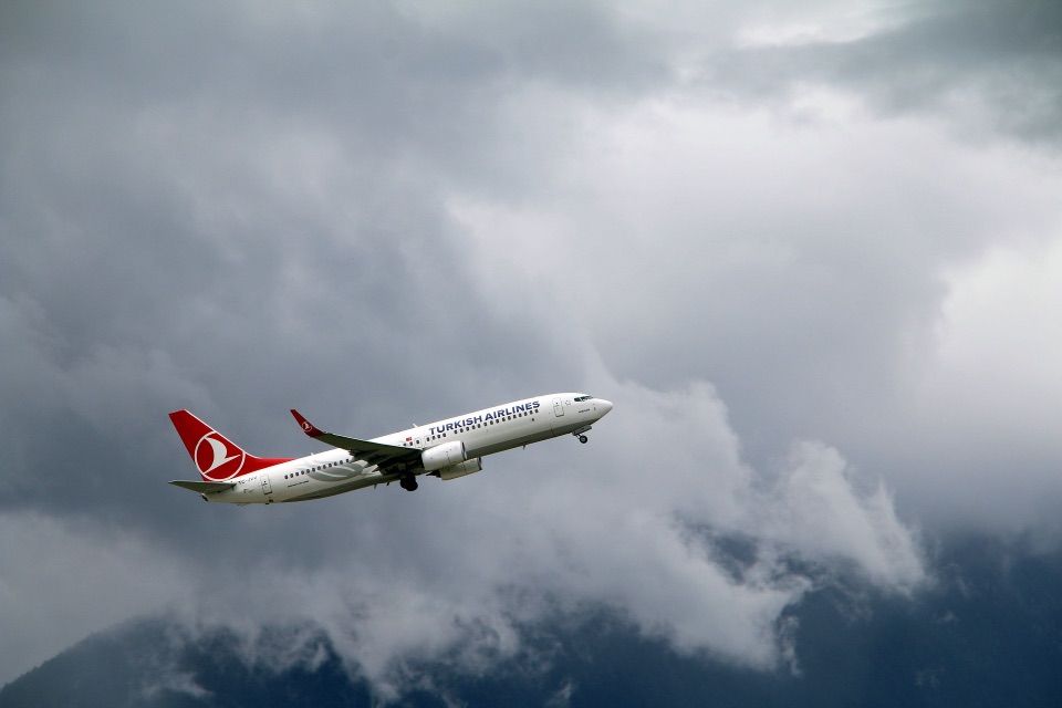 Ein aufsteigedes Flugzeug. Im Hintergrund sieht man den blauen Himmel und Wolken