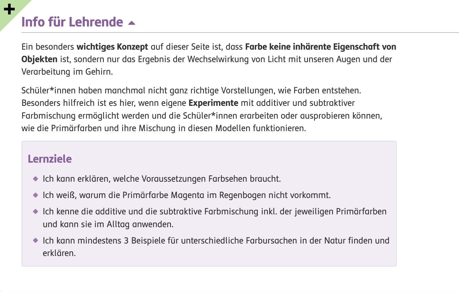 Screenshot der Lernziele im Abschnitt Info für Lehrende. 