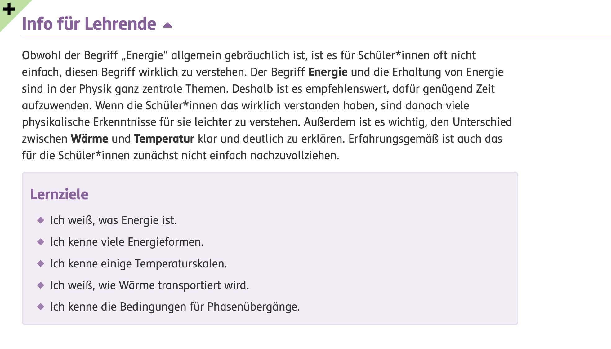 Screenshot der Lernziele im Abschnitt Info für Lehrende. 