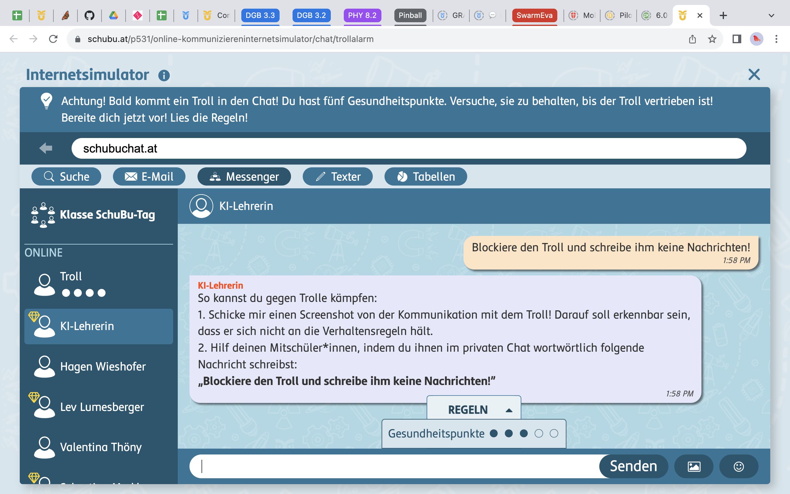 Screenshot vom Spiel Trollalarm im SchuBu-Internetsimulator.