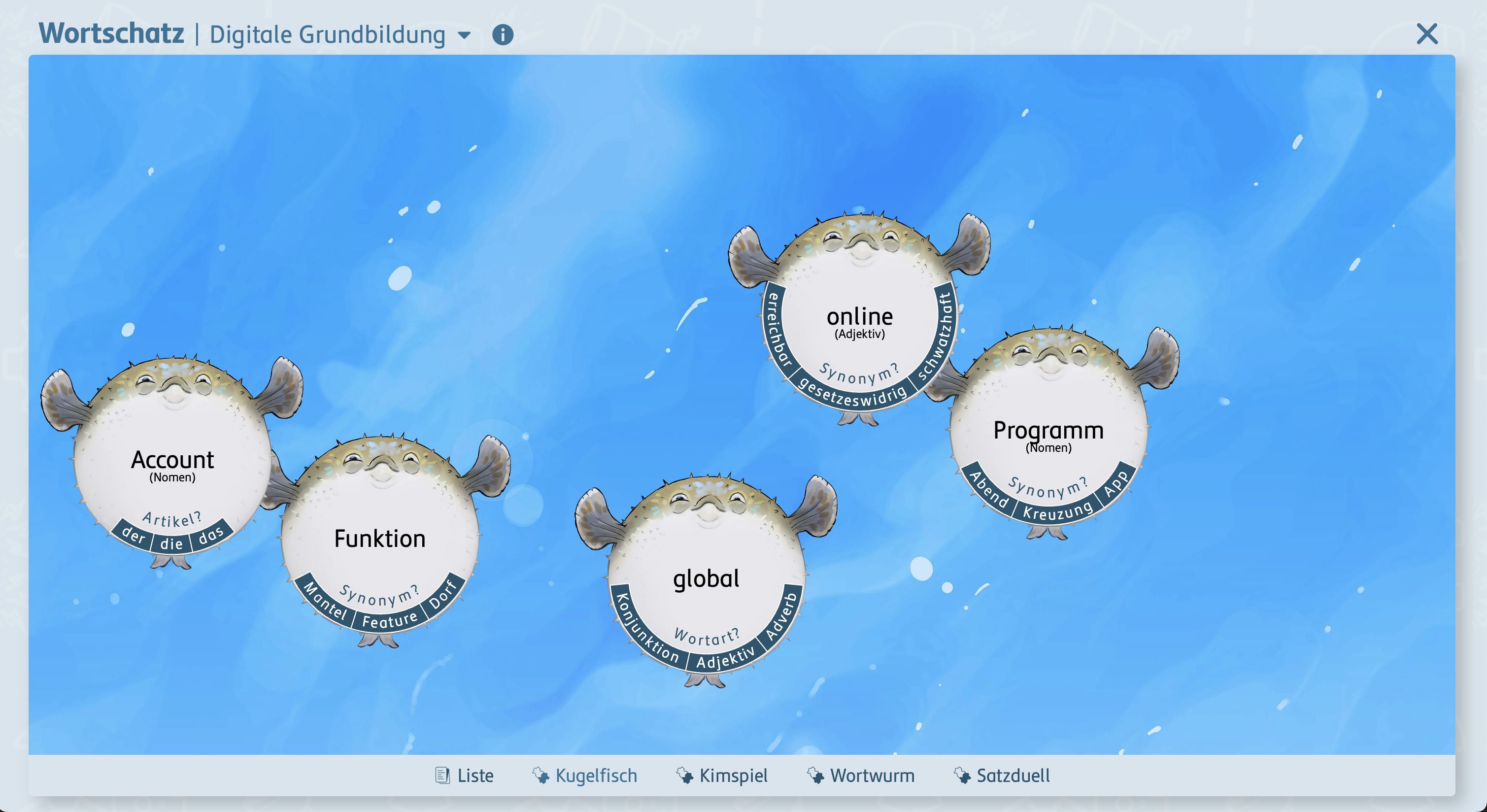 Die Kugelsfische sind erstaunlicherweise sehr beliebt bei Schülerinnen und Schülern. Sie müssen Wortarten feststellen, Synonyme finden oder den richtigen Artikel wählen.